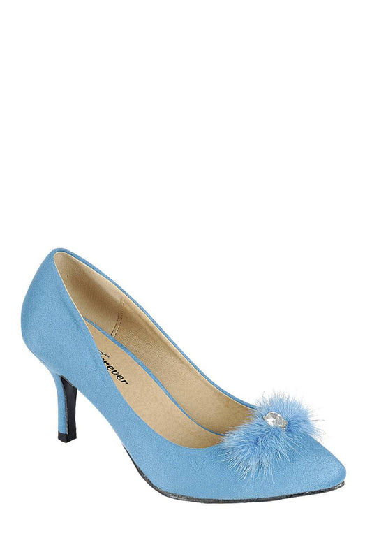 Ladies fashion one inch heeled shoe, closed round toe slip on, suede pump with decorative rhinestone detail