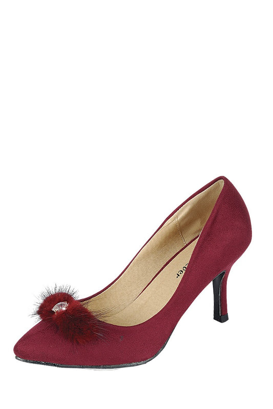 Ladies fashion one inch heeled shoe, closed round toe slip on, suede pump with decorative rhinestone detail