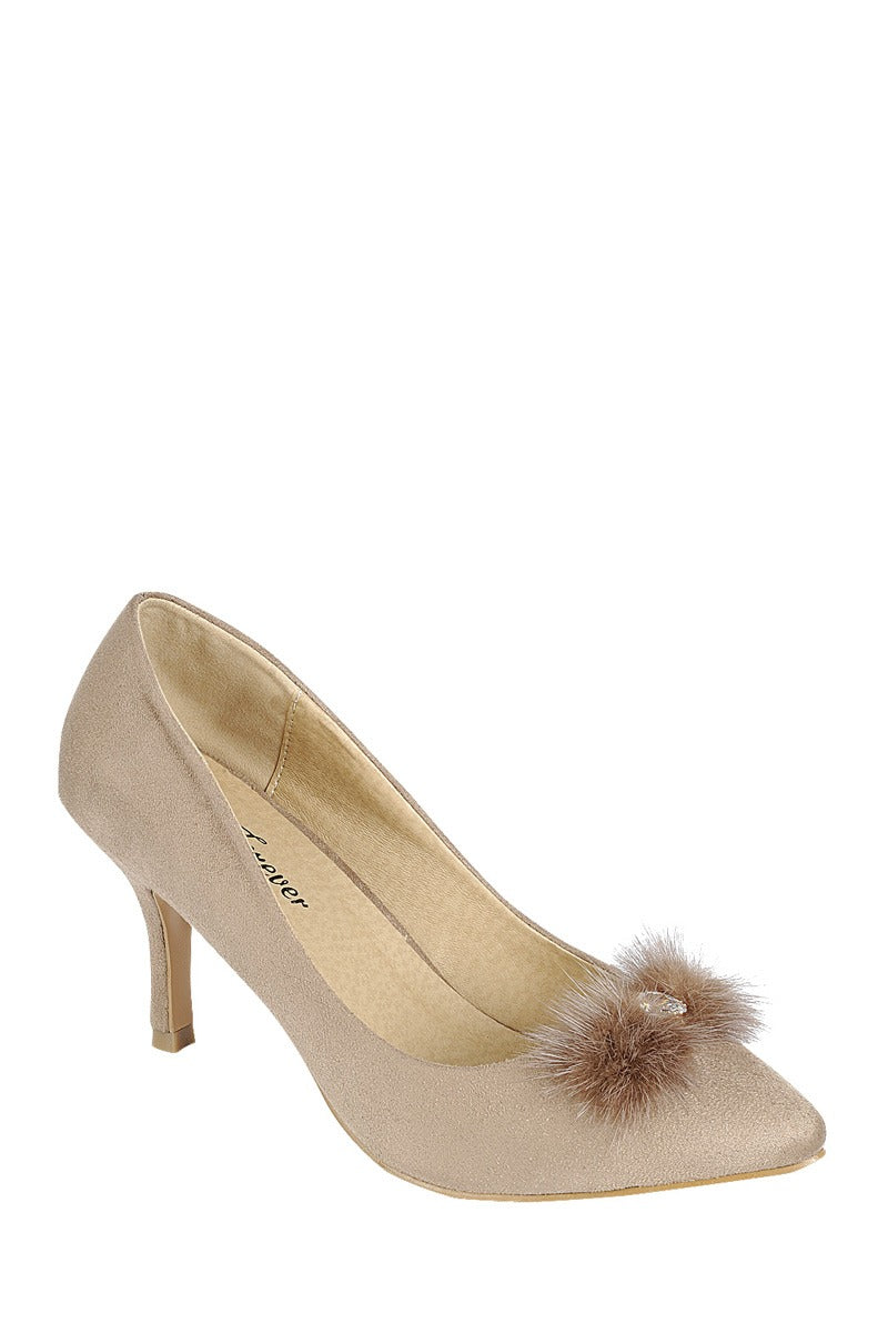 Ladies fashion one inch heeled shoe, closed round toe slip on, suede pump with decorative rhinestone detail