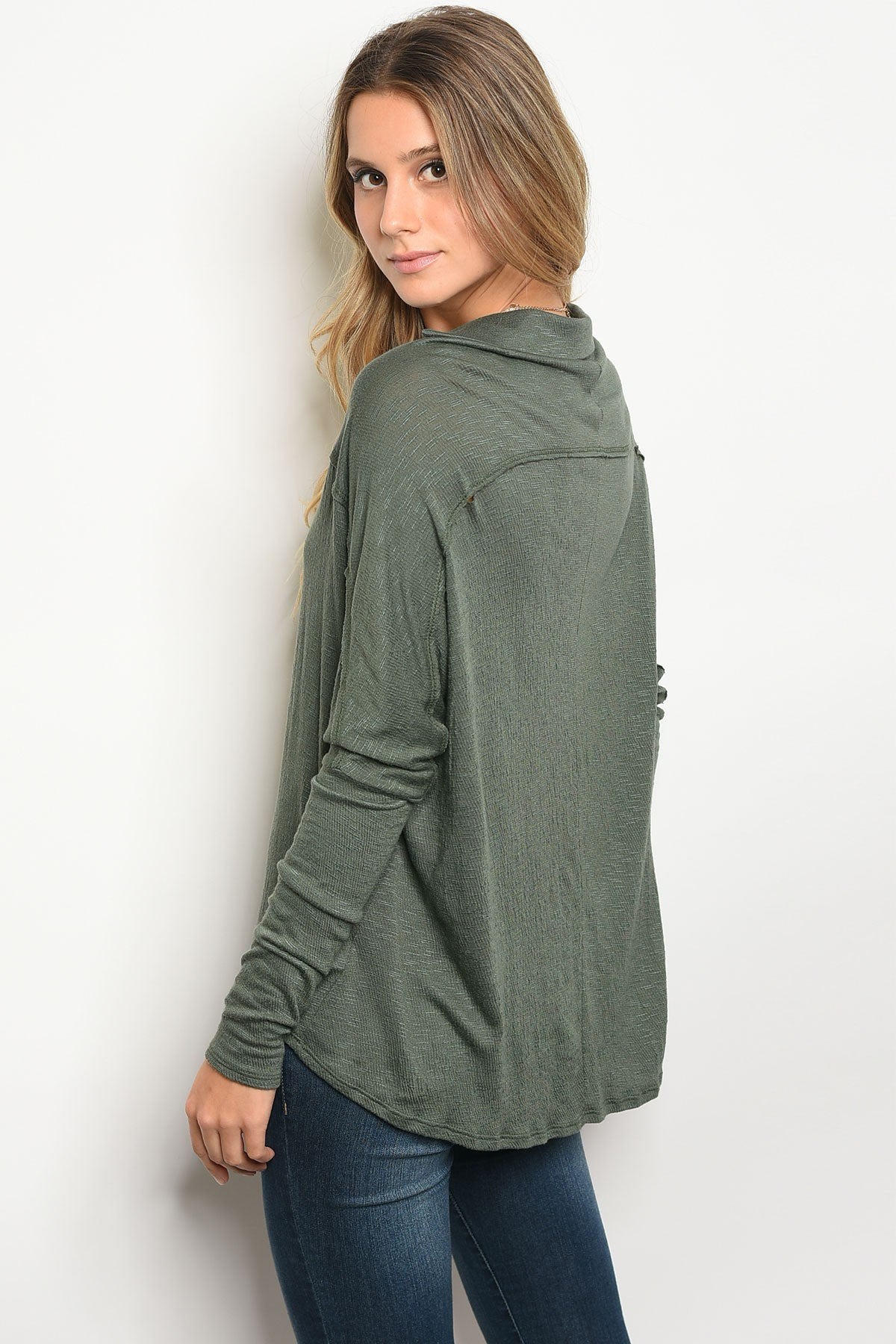 Ladies fashion long sleeve v-neck loose fitting jersey tunic top