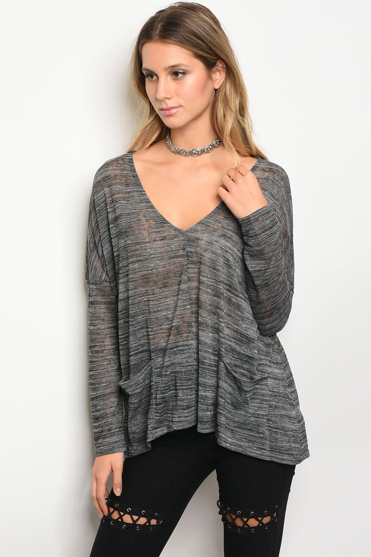 Ladies fashion long sleeve v-neck loose fitting jersey tunic top