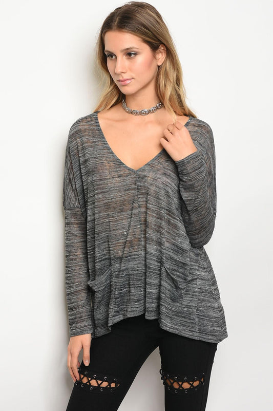Ladies fashion long sleeve v-neck loose fitting jersey tunic top