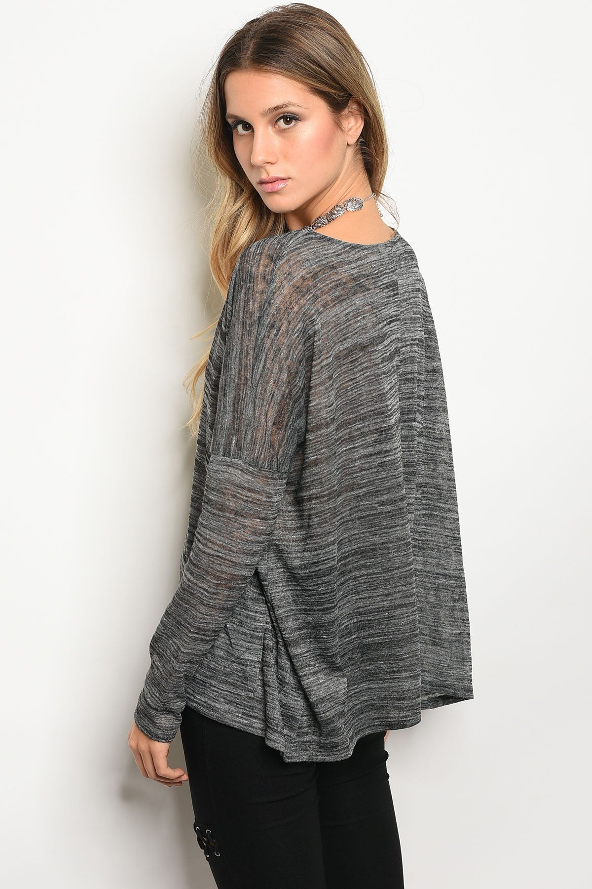 Ladies fashion long sleeve v-neck loose fitting jersey tunic top