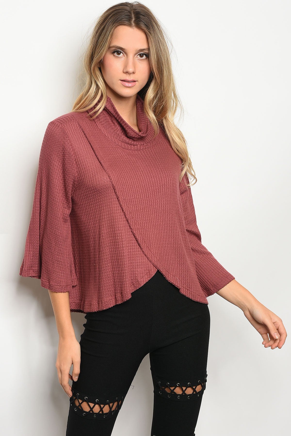 Ladies fashion long bell sleeve cowl neck tulip front waffle knit slub top