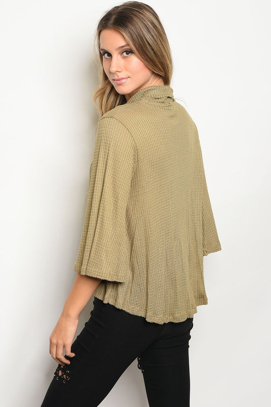Ladies fashion long bell sleeve cowl neck tulip front waffle knit slub top