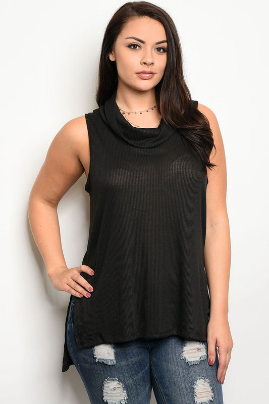 Ladies fashion plus size sleeveless relaxed fit ribbed top that features a cowl neckline