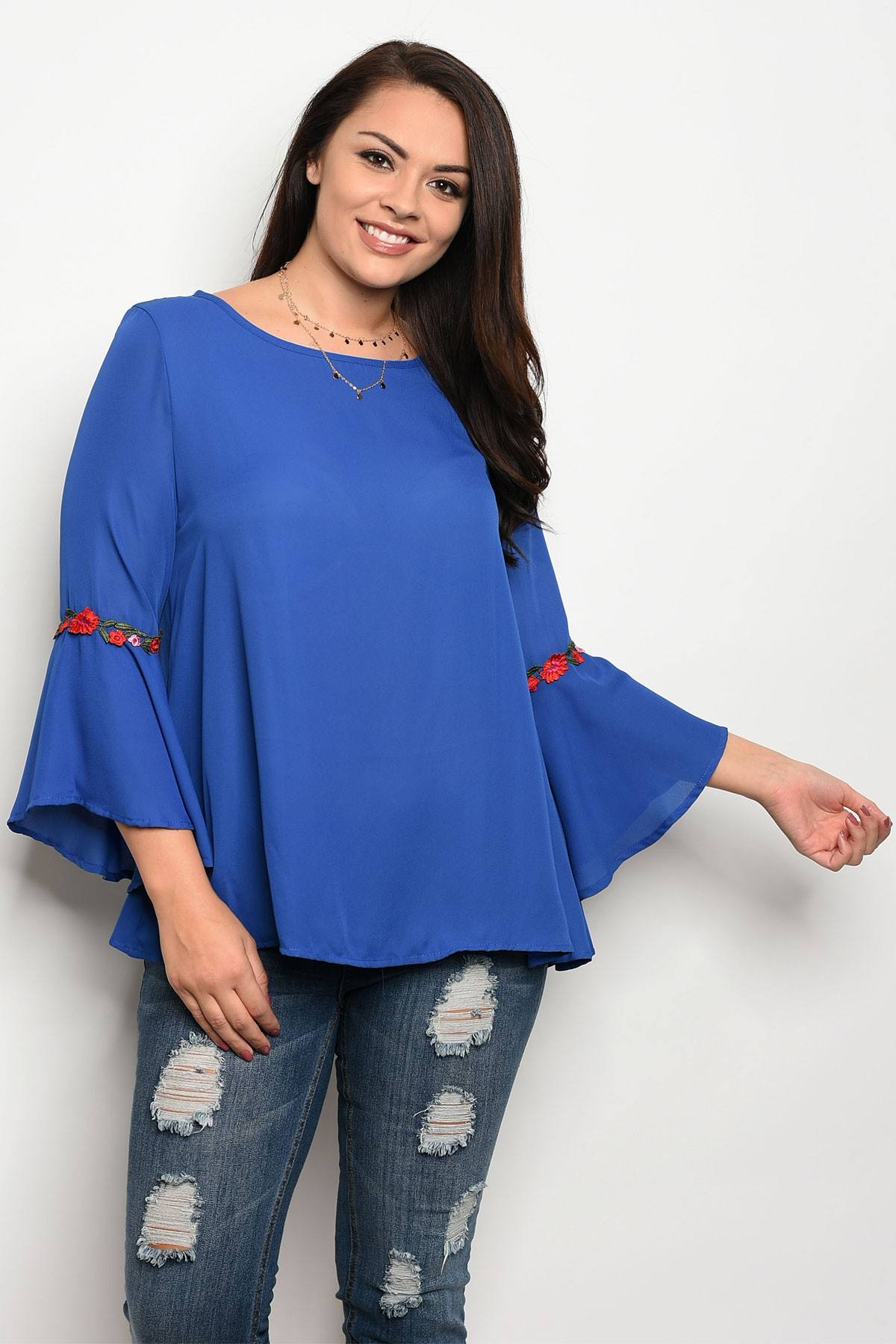 Ladies fashion plus size long sleeve acrylic blend top that features bell sleeves and a rounded neckline