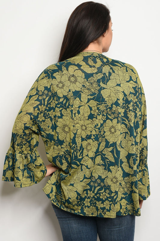 Ladies fashion plus size light weight floral print cardigan that features long sleeves