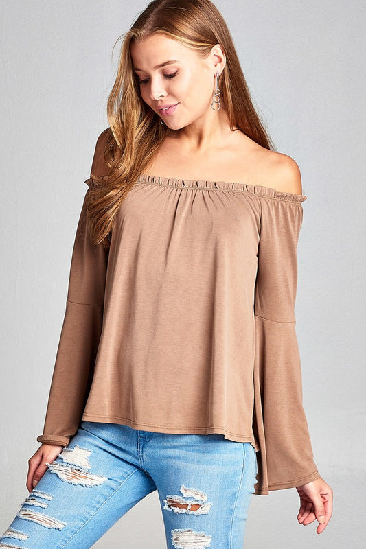 Ladies fashion bell sleeve off the shoulder sandwashed modal jersey top
