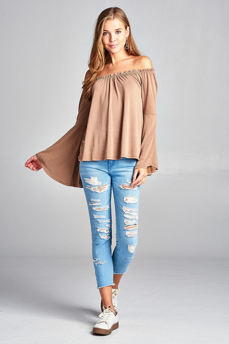 Ladies fashion bell sleeve off the shoulder sandwashed modal jersey top