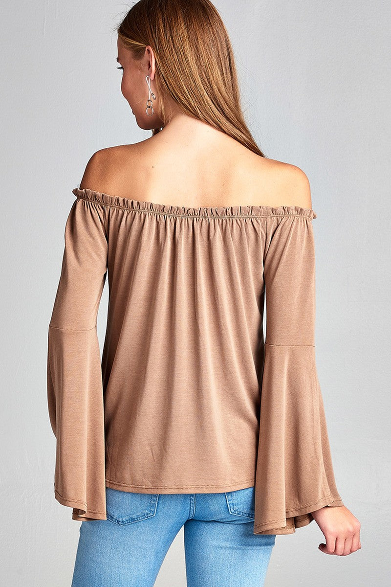 Ladies fashion bell sleeve off the shoulder sandwashed modal jersey top