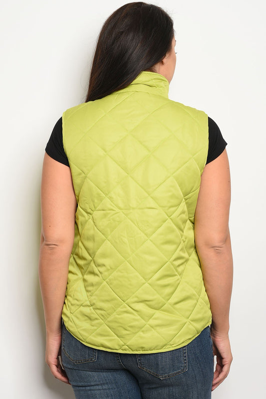 Ladies fashion plus size sleeveless puffer vest that features a mock neckline and zipper closure