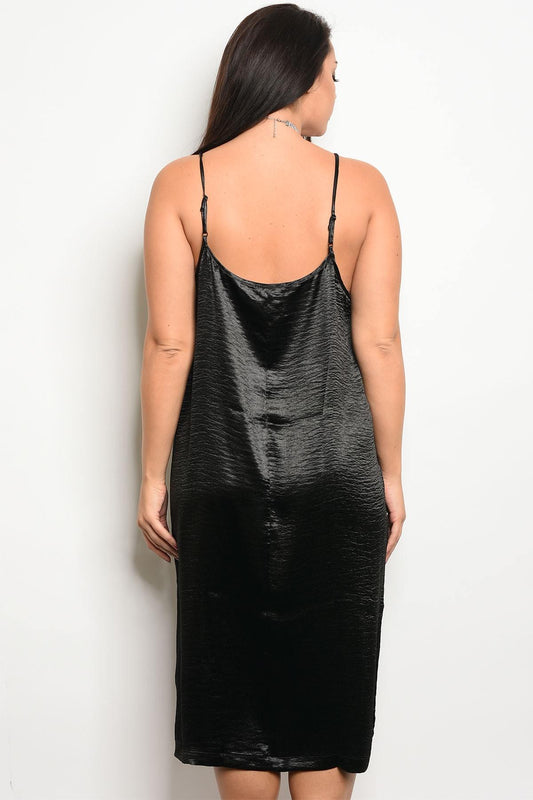 Ladies fashion plus size sleeveless satin slip style midi dress, that features a v neckline