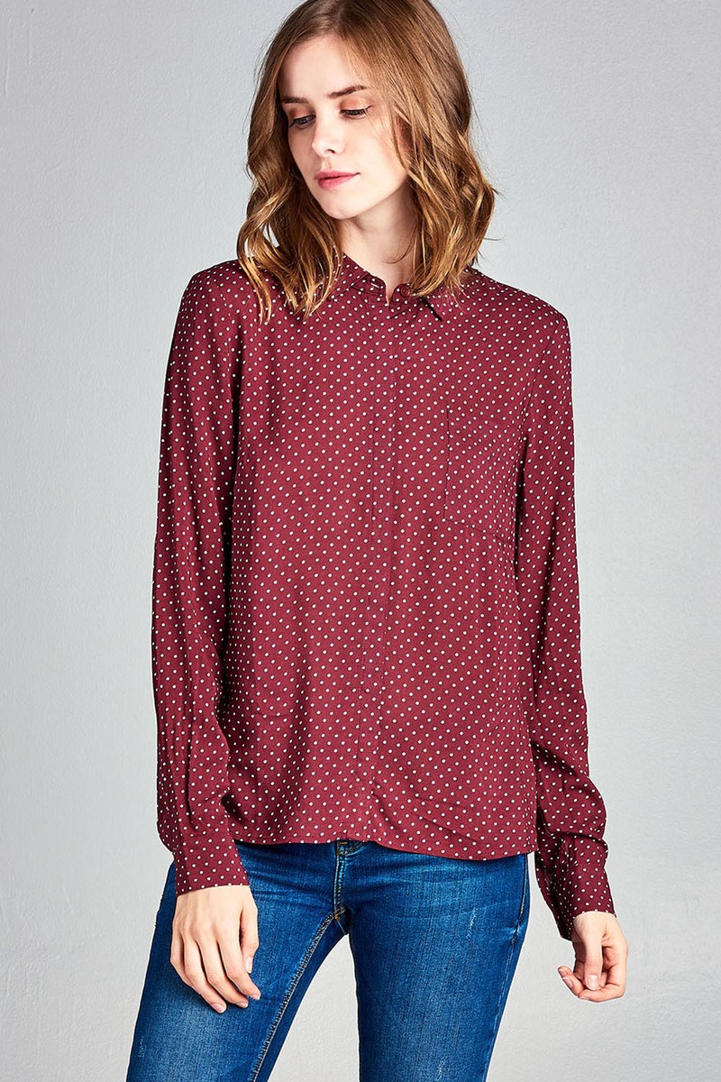 Ladies fashion long sleeve w/pocket dot print rayon challis woven top