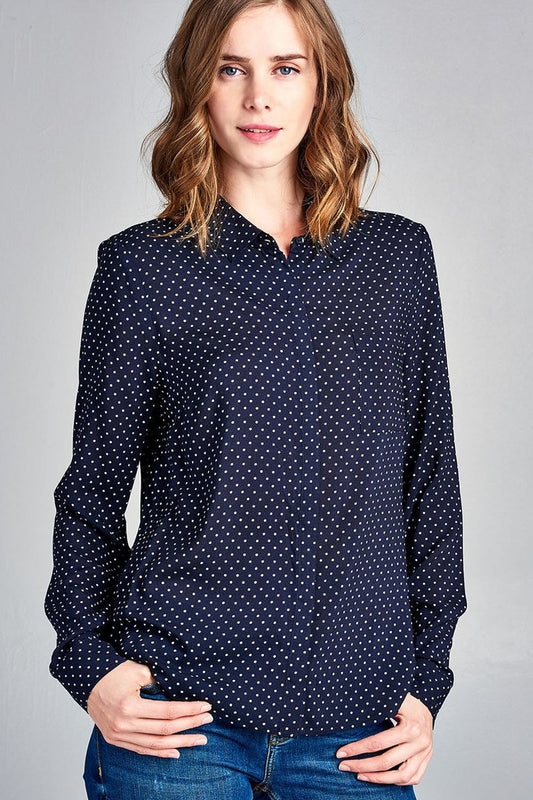 Ladies fashion long sleeve w/pocket dot print rayon challis woven top