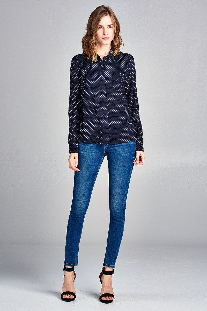 Ladies fashion long sleeve w/pocket dot print rayon challis woven top
