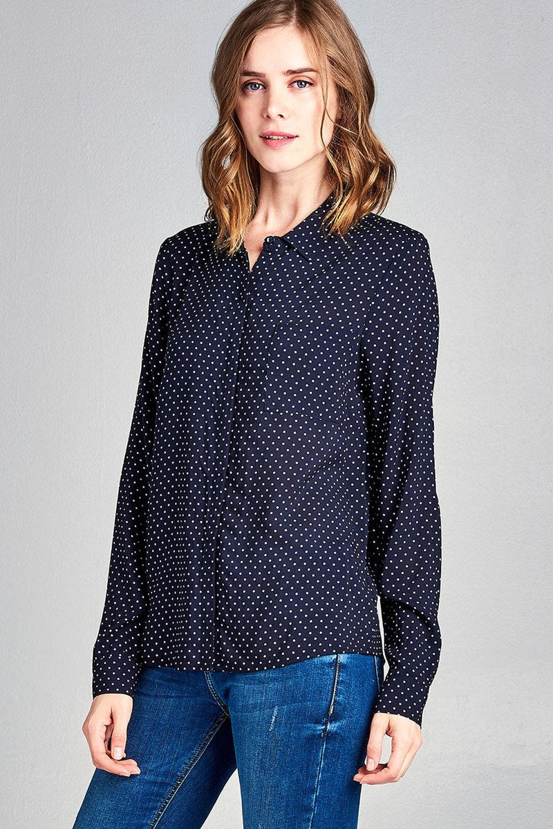 Ladies fashion long sleeve w/pocket dot print rayon challis woven top