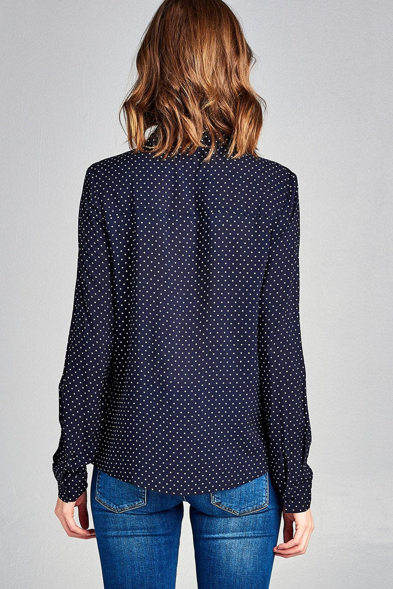 Ladies fashion long sleeve w/pocket dot print rayon challis woven top
