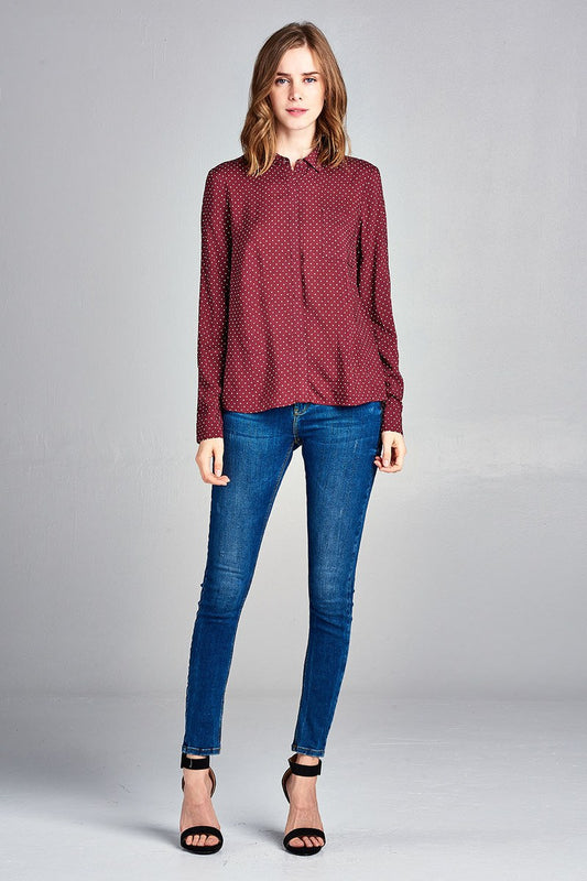 Ladies fashion long sleeve w/pocket dot print rayon challis woven top