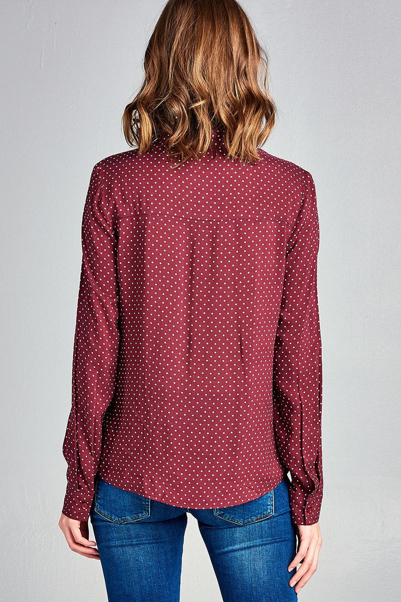 Ladies fashion long sleeve w/pocket dot print rayon challis woven top