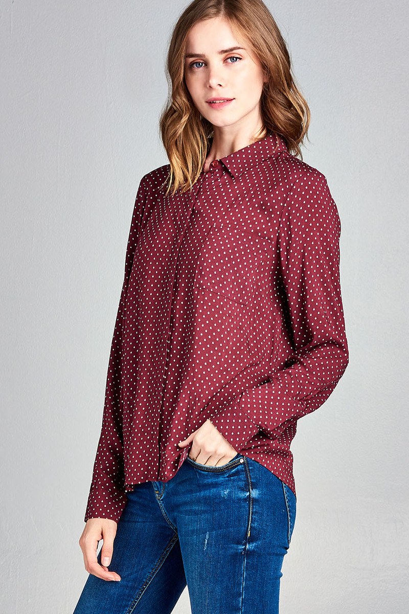 Ladies fashion long sleeve w/pocket dot print rayon challis woven top