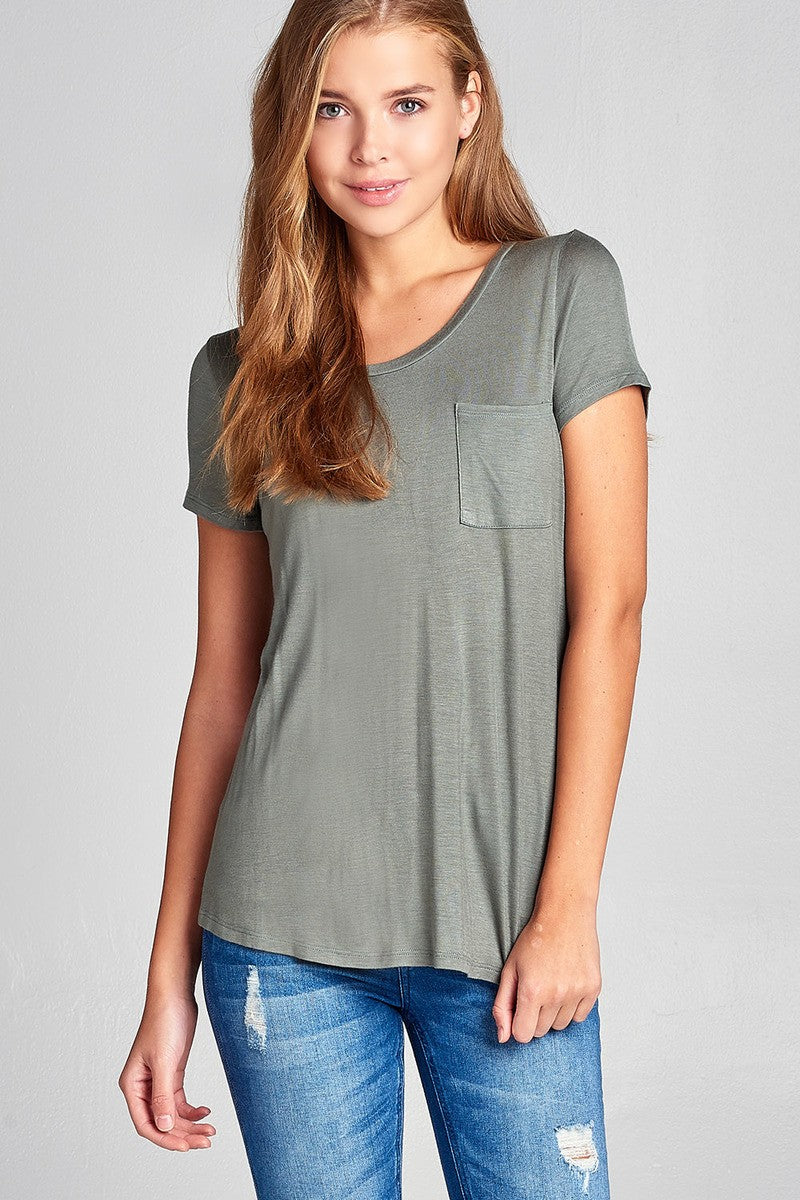 Ladies fashion short sleeve scoop neck top w/ pocket