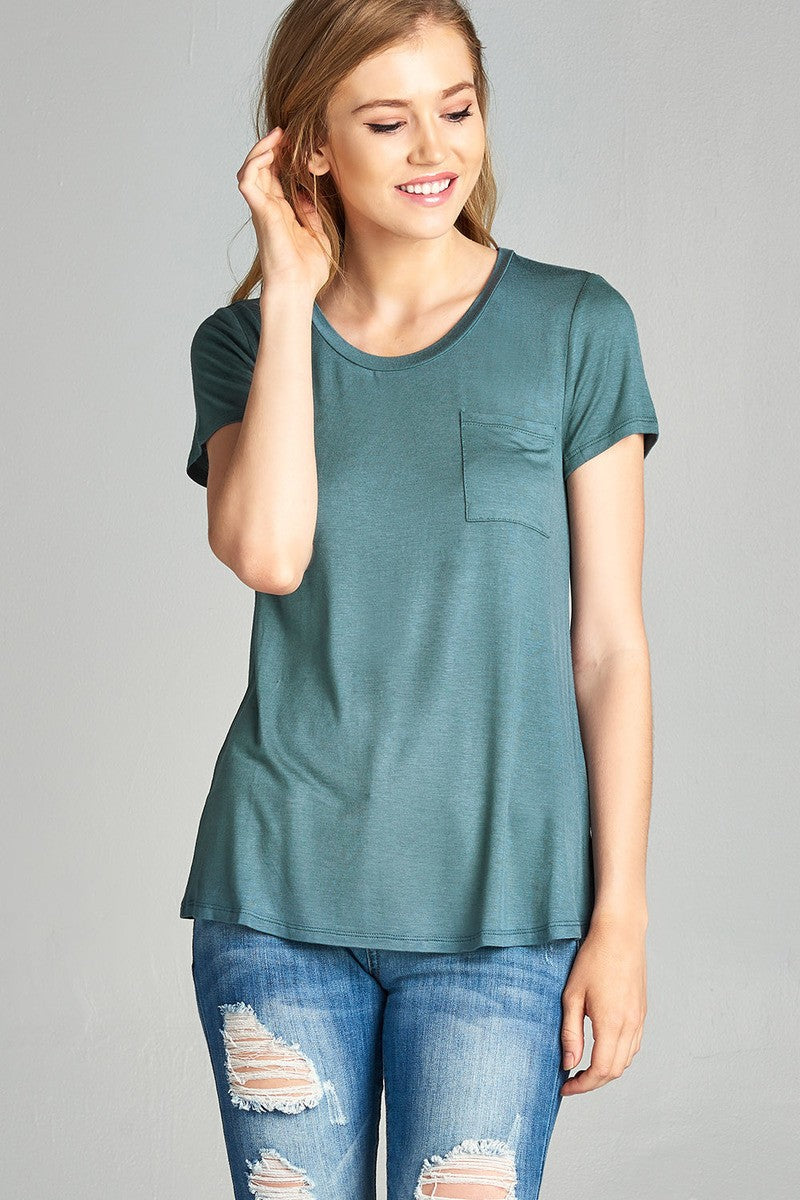 Ladies fashion short sleeve scoop neck top w/ pocket