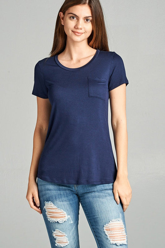 Ladies fashion short sleeve scoop neck top w/ pocket