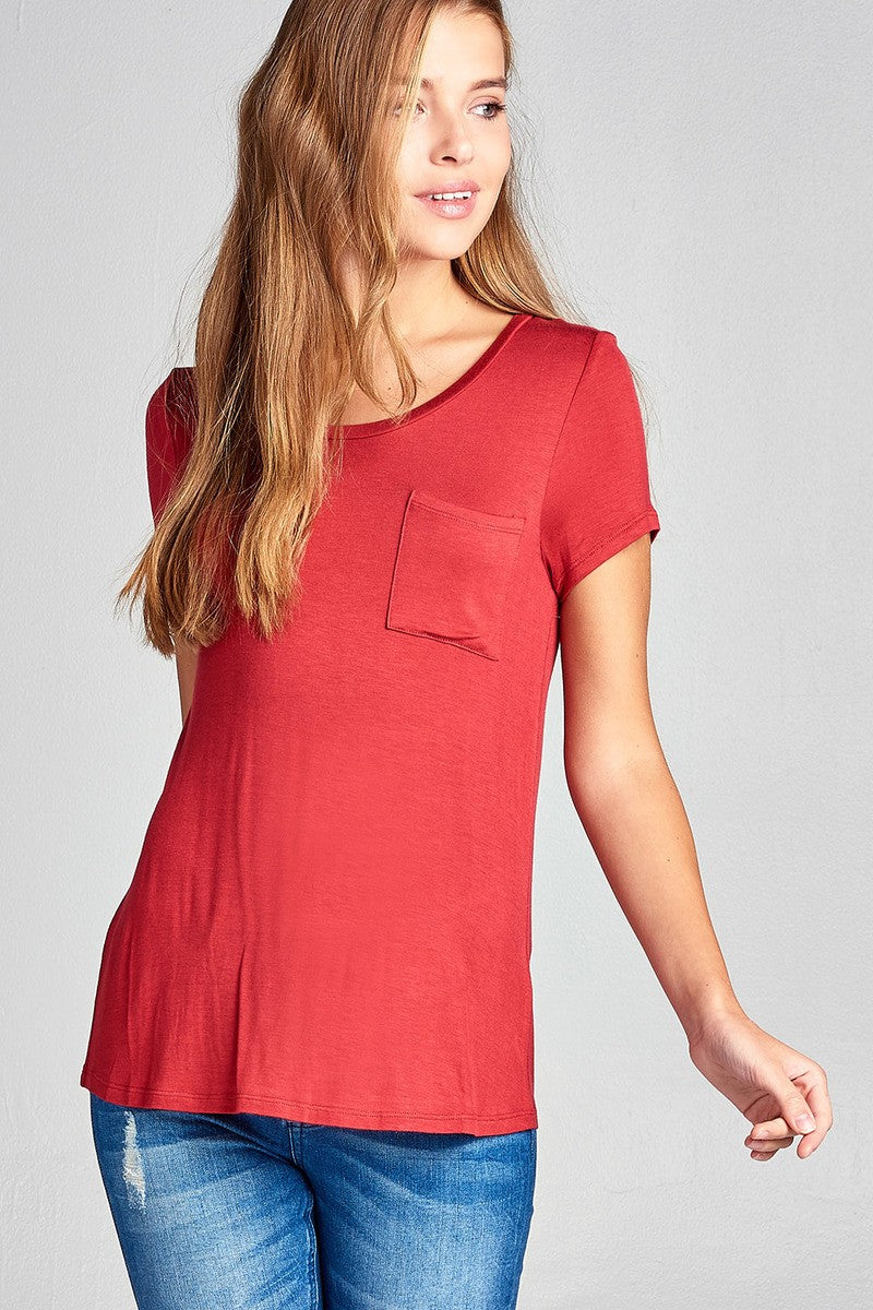 Ladies fashion short sleeve scoop neck top w/ pocket