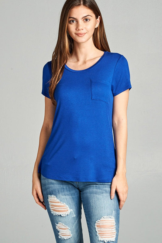 Ladies fashion short sleeve scoop neck top w/ pocket