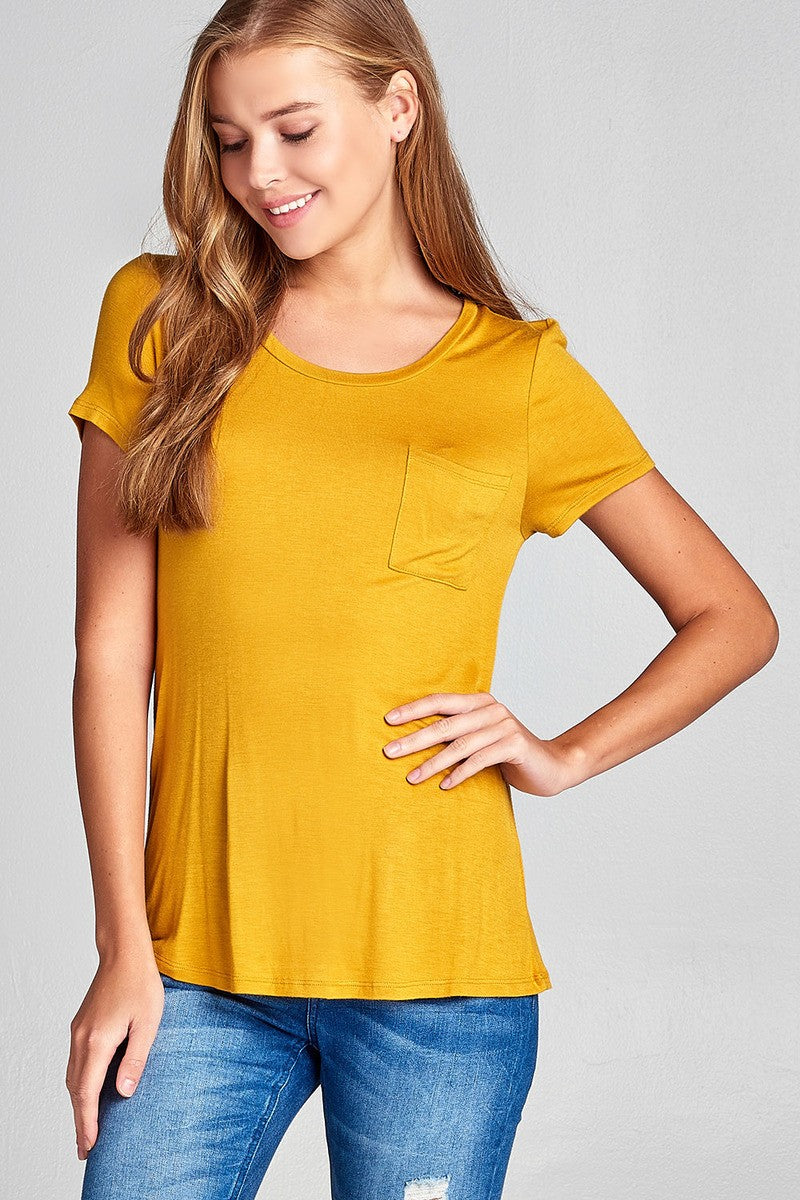 Ladies fashion short sleeve scoop neck top w/ pocket
