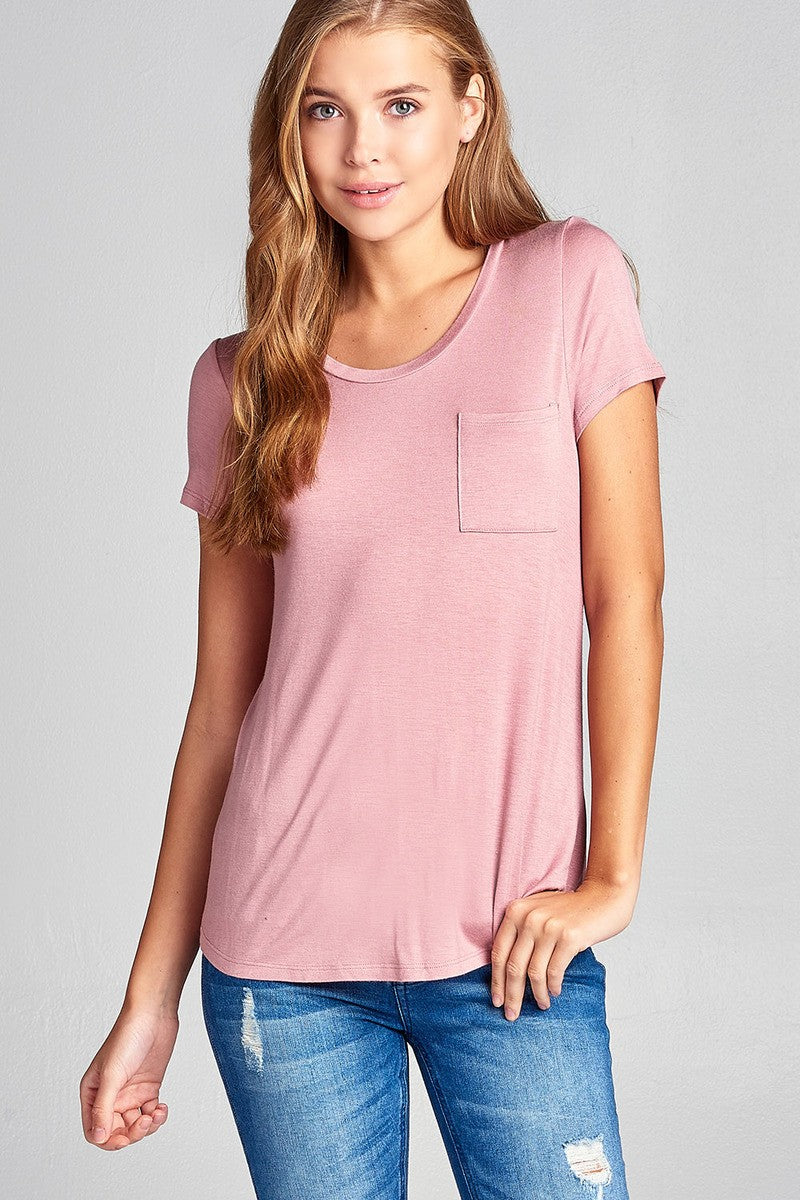 Ladies fashion short sleeve scoop neck top w/ pocket