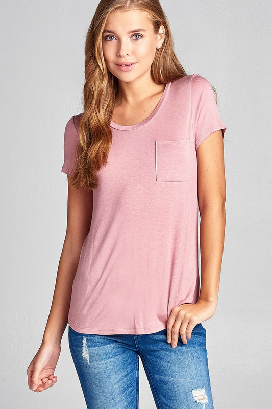 Ladies fashion short sleeve scoop neck top w/ pocket
