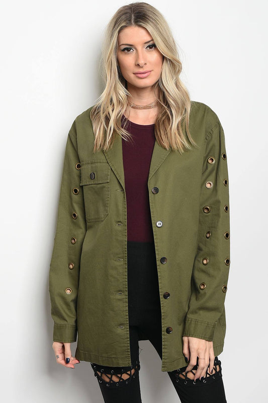 Ladies fashion long sleeve utility jack that features grommet details and a collard neckline