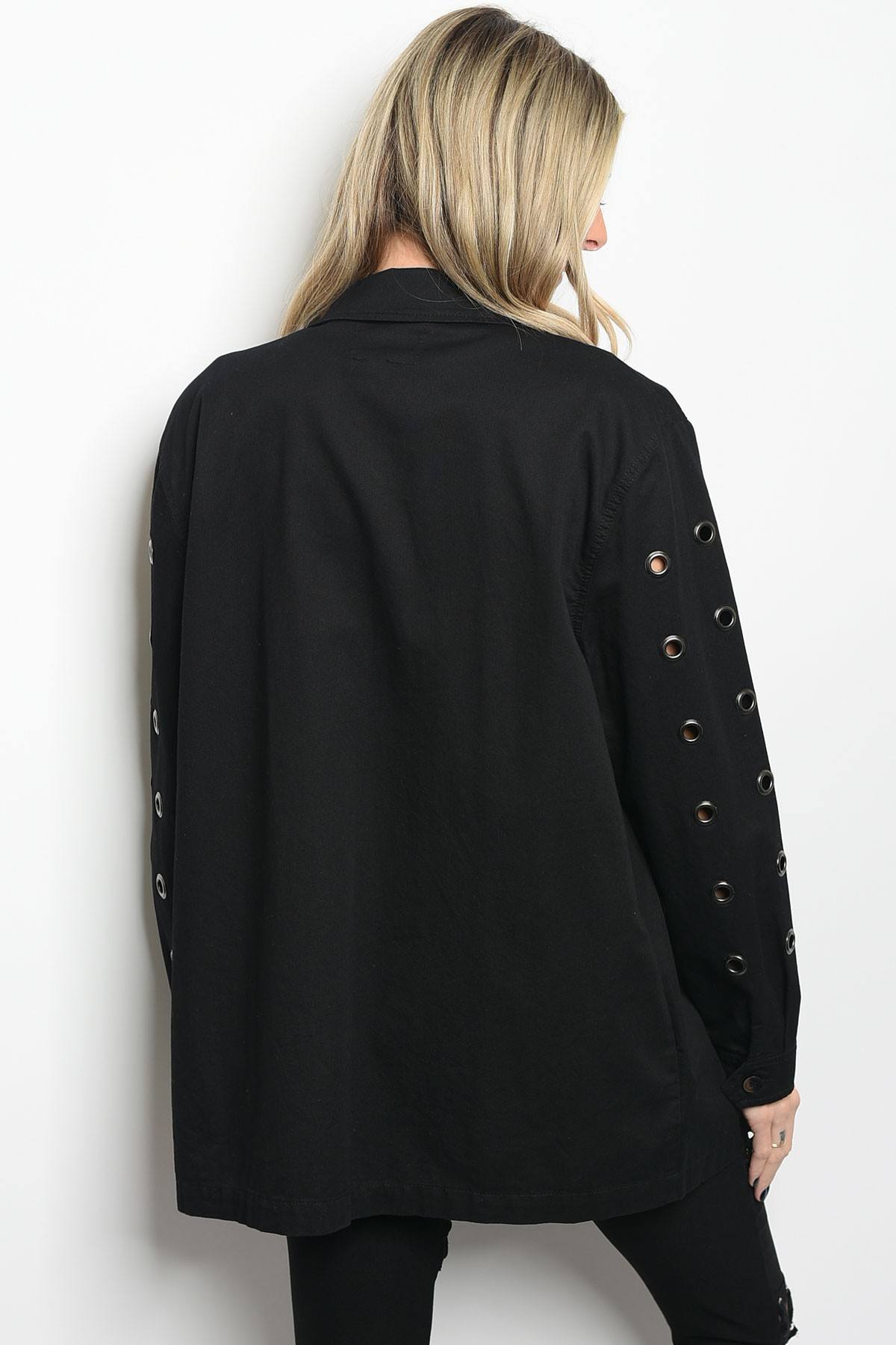 Ladies fashion long sleeve utility jack that features grommet details and a collard neckline