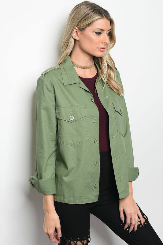 Ladies fashion light weight utility jacket with pocket details and a collard neckline
