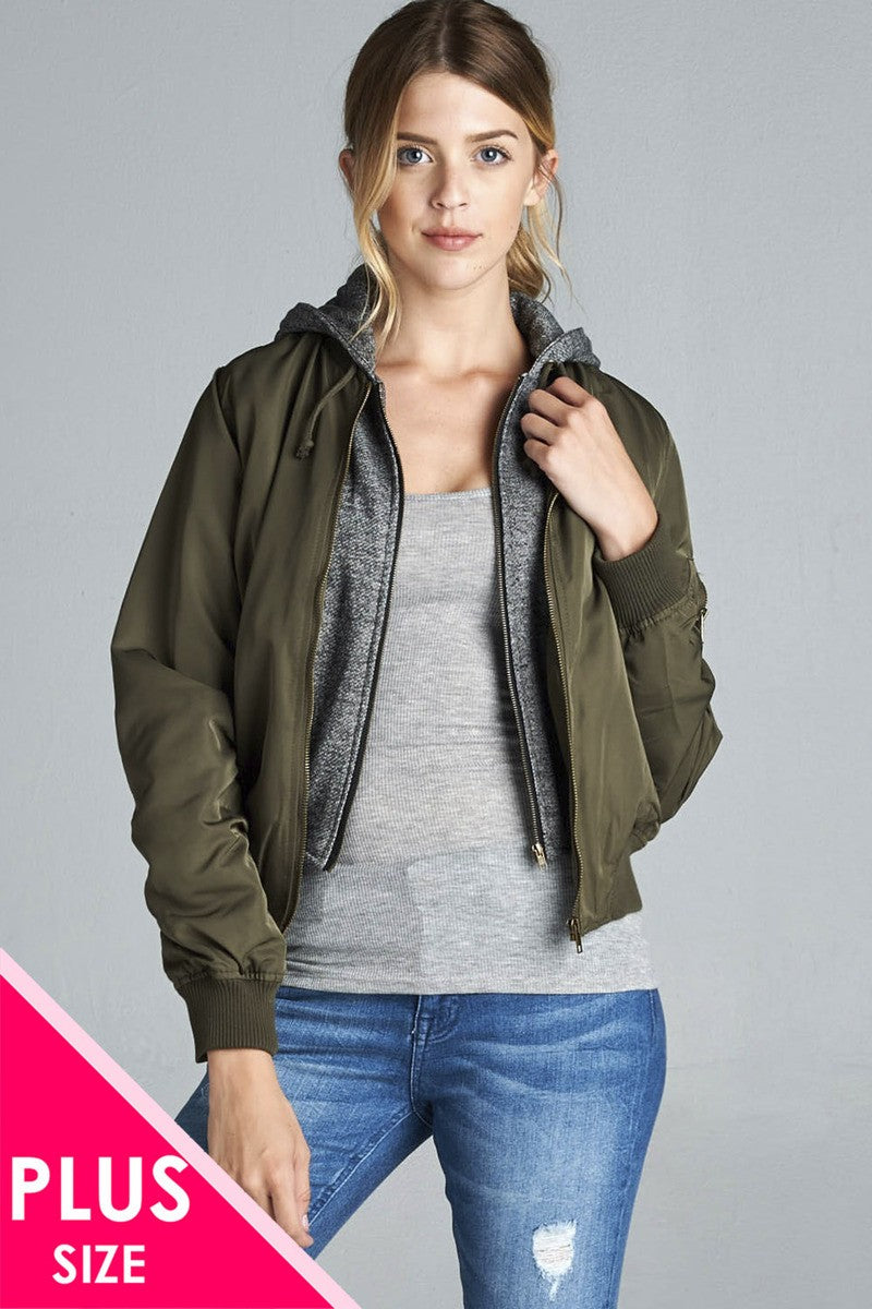 Ladies fashion plus size two tone french terry hoodie mixed bomber jacket