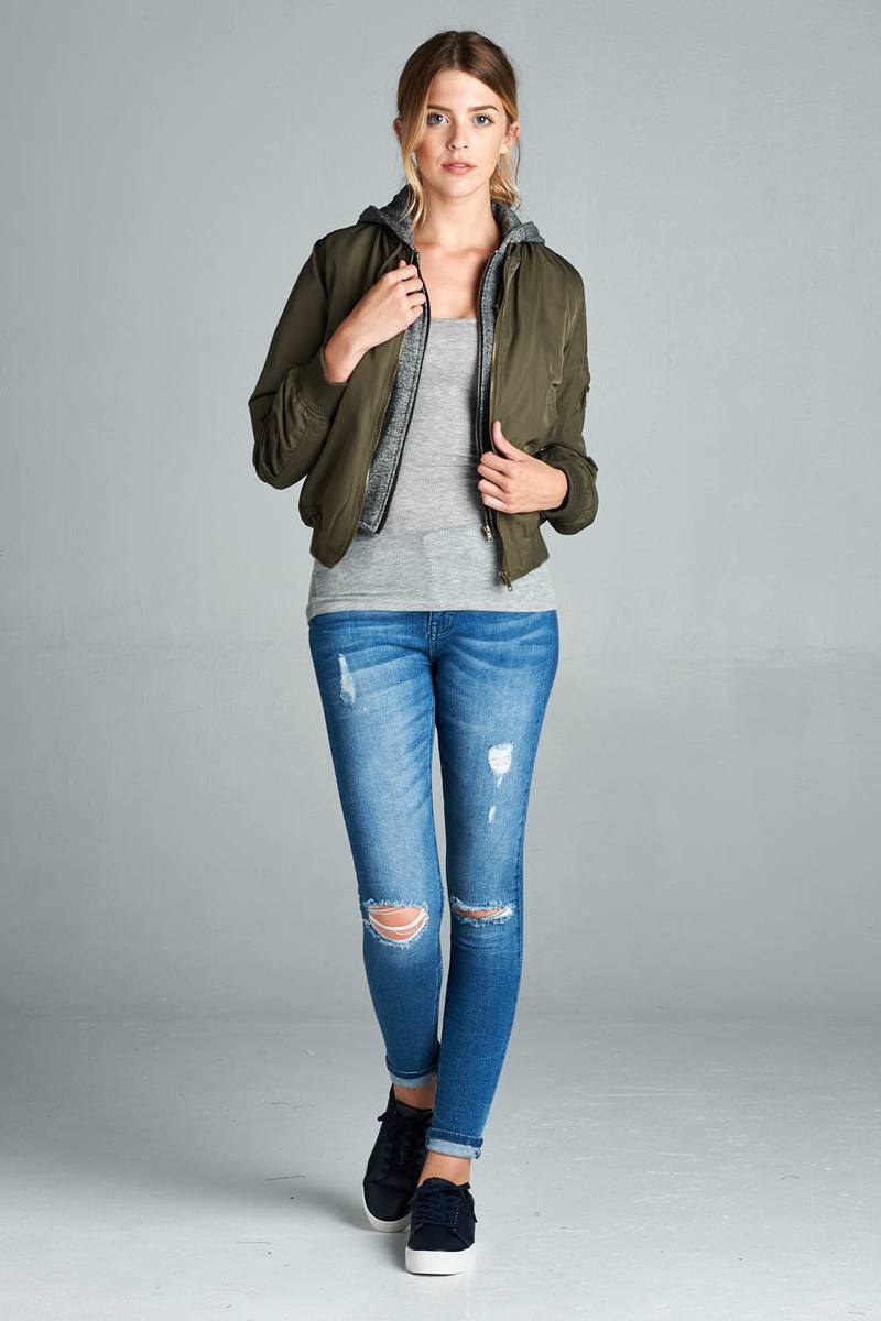 Ladies fashion plus size two tone french terry hoodie mixed bomber jacket