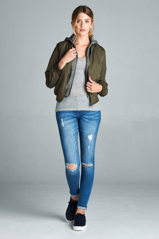 Ladies fashion plus size two tone french terry hoodie mixed bomber jacket