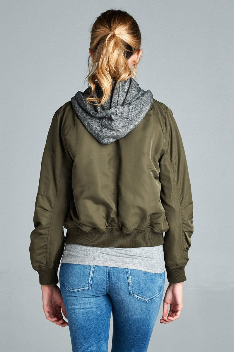 Ladies fashion plus size two tone french terry hoodie mixed bomber jacket
