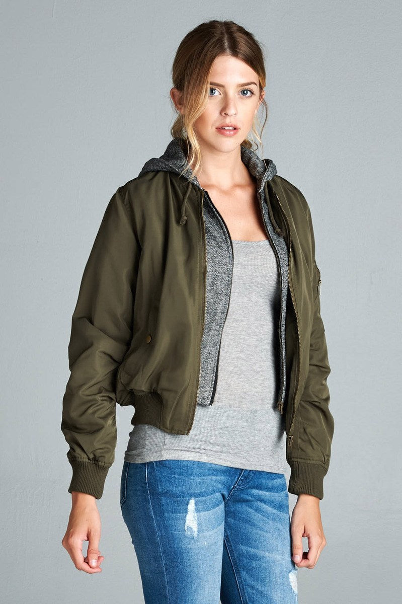 Ladies fashion plus size two tone french terry hoodie mixed bomber jacket