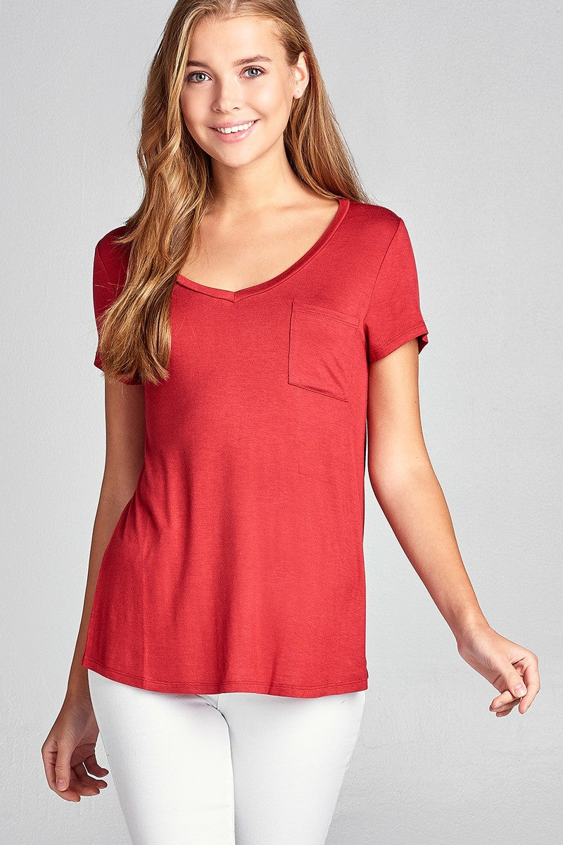 Ladies fashion short sleeve v-neck top w/ pocket