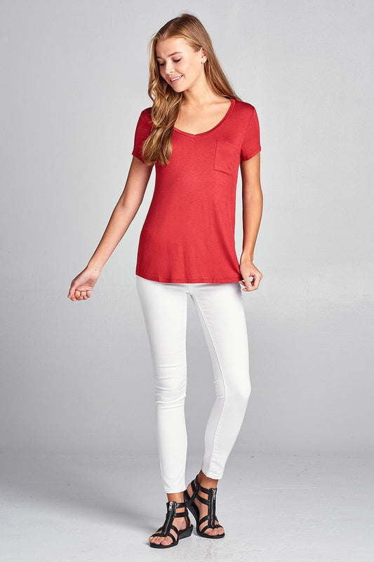 Ladies fashion short sleeve v-neck top w/ pocket