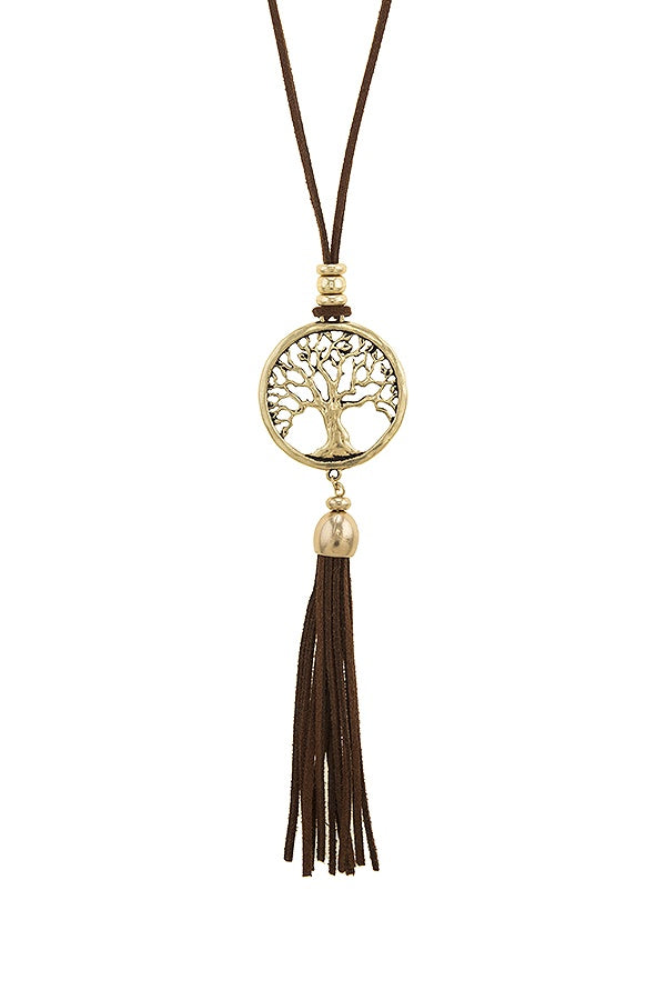 Faux suede tassel tree of life necklace set