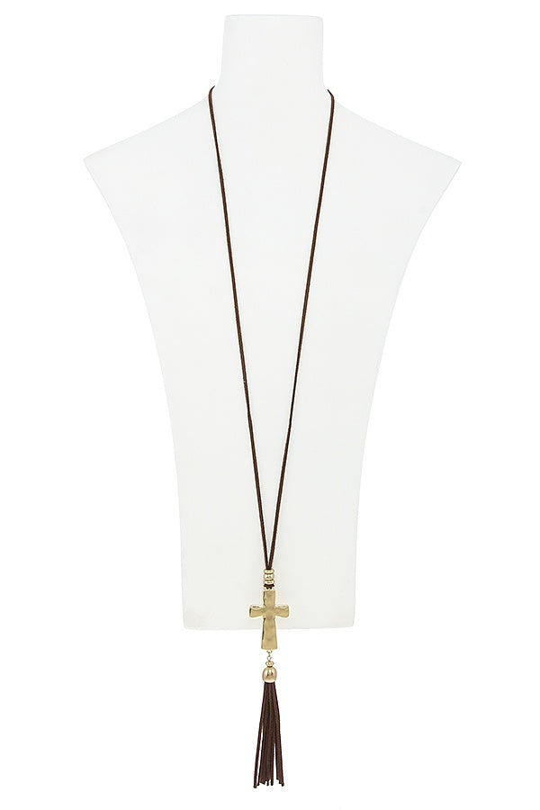 Faux suede tassel cross necklace set