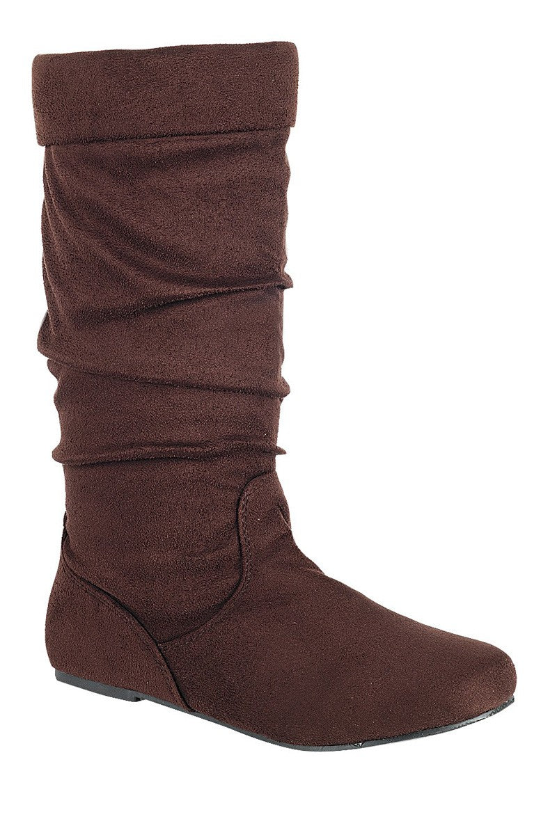 Ladies fashion ruched wedge boot is edgy, dress casual and chic, knee-high boot, closed almond toe, micro wedge heel