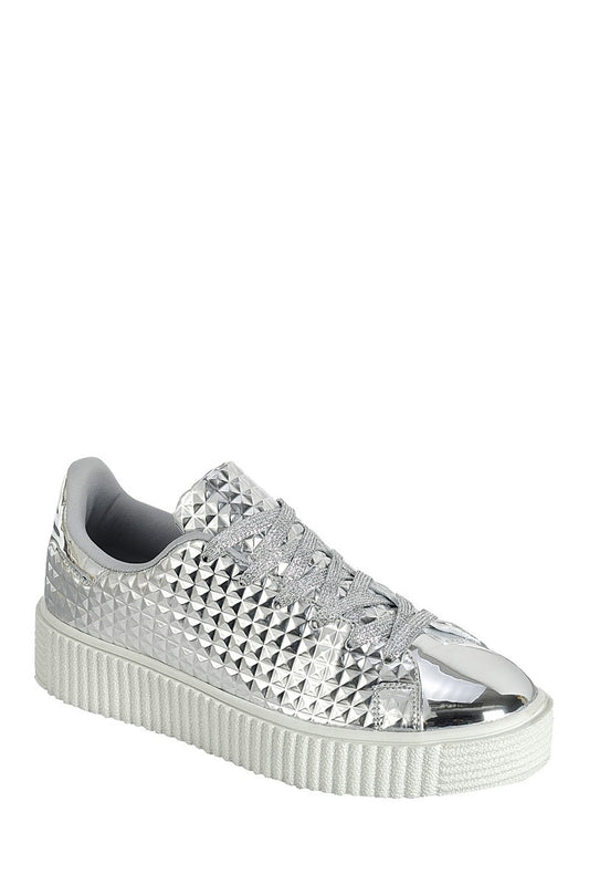 Ladies fashion capped toe sneaker, closed round toe, flat heel, lace up closure
