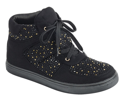 Ladies fashion street style, mixed material high top sneaker, closed round toe, flat heel, lace up closure,rhinestone-adorned upper