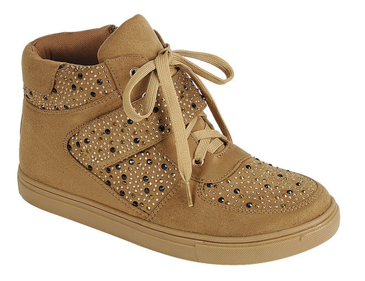 Ladies fashion street style, mixed material high top sneaker, closed round toe, flat heel, lace up closure,rhinestone-adorned upper