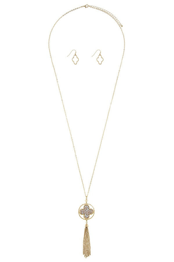 Chain tassel druzy quatrefoil necklace set